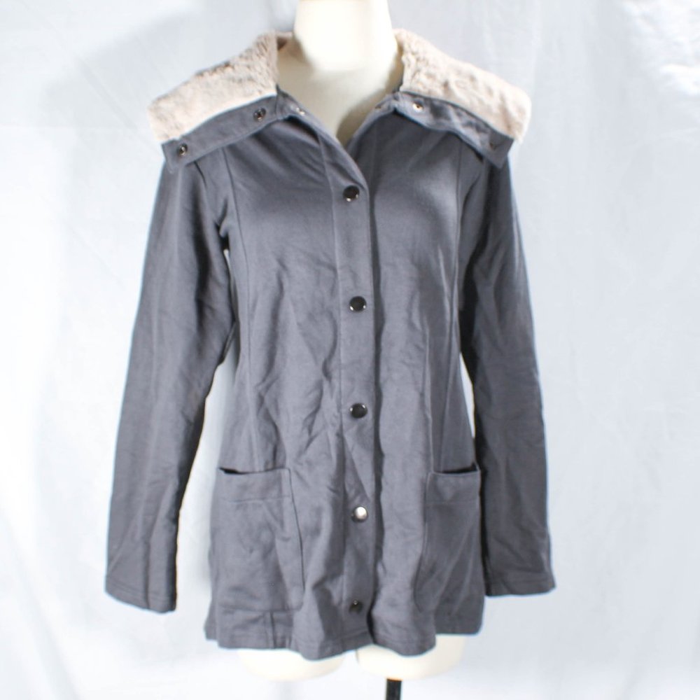 Merona Ash Gray Lightweight Jacket with Cream Tan Faux Fur Collar – Size Large
